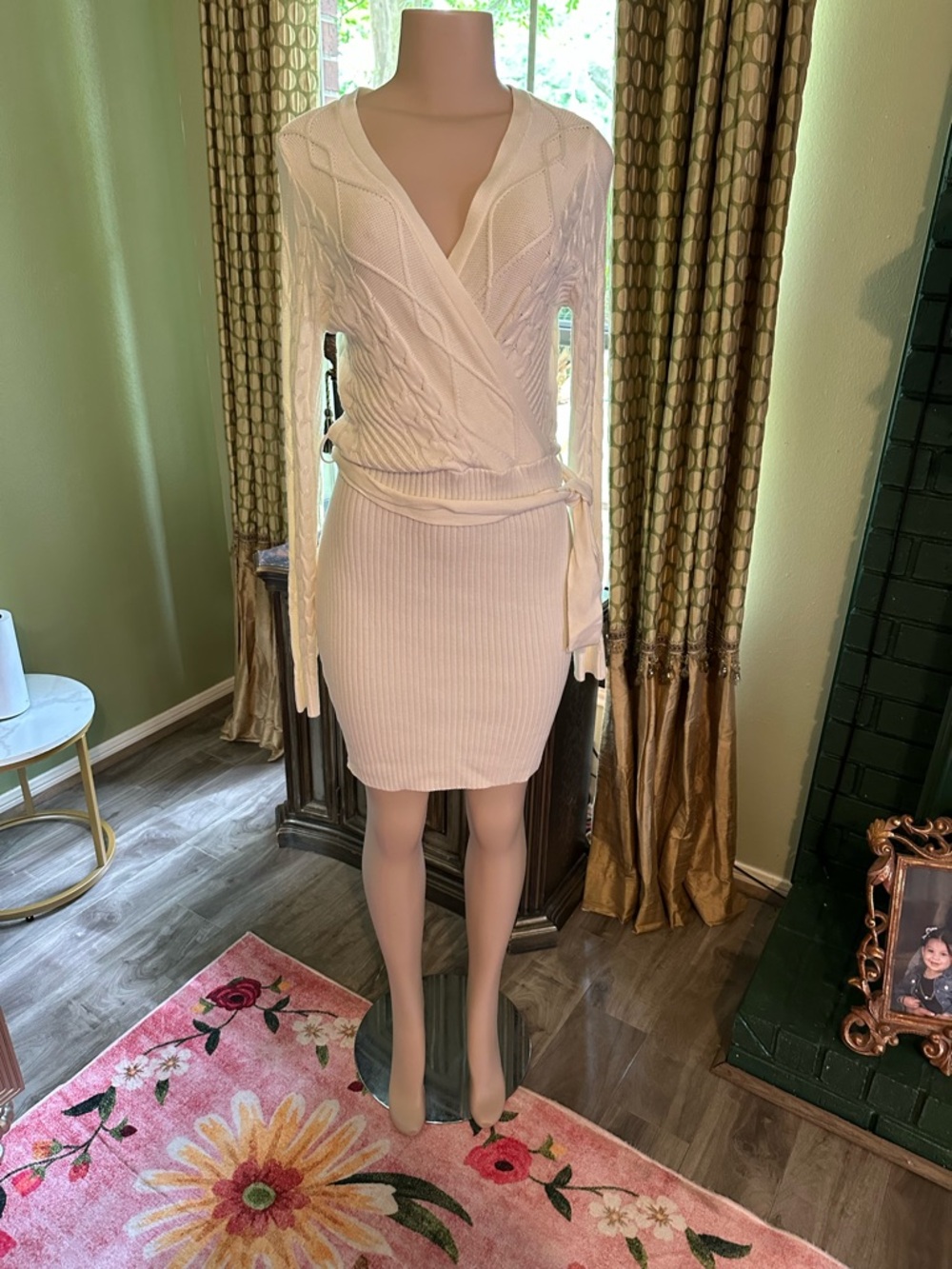 Guess Cream Wrap Cable Knit Long Sleeve Dress - Picture 6 of 8